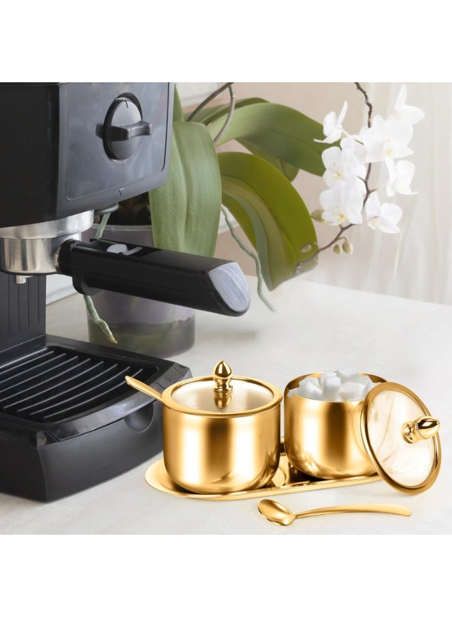2 Pcs Coffee and Sugar Dispenser with Tray - 10 oz Sugar Bowl with Glass Lid and Spoon for Coffee Bar Accessories Kitchen Storage for Salt,Coffee Bean,Brown Sugar Cubes (Gold) - Image 2